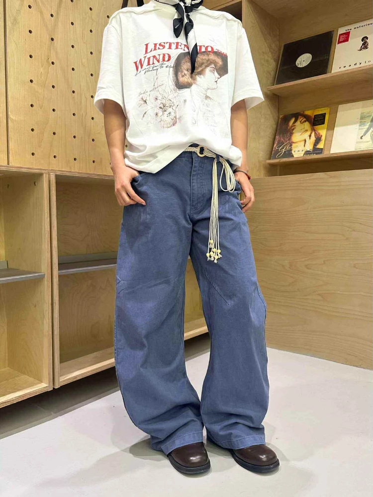 

Vintage American Washed Men's Wide Leg Jeans Casual Loose Couple's Jeans Knife Design Youth Fashion Denim Pants