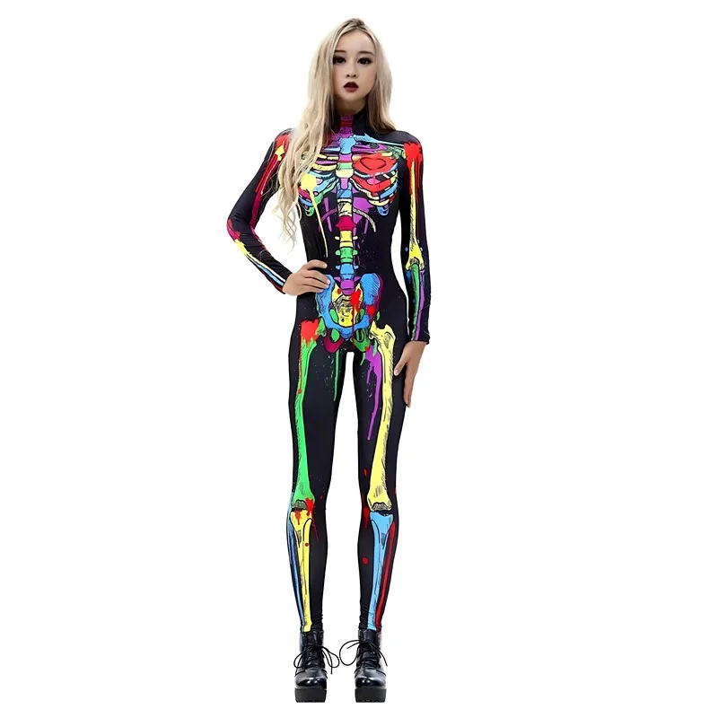 Disfraz de fiesta de Halloween para mujer, ropa de manga larga, elástica, ajustada, a todo Color, con patrón de calavera impresa