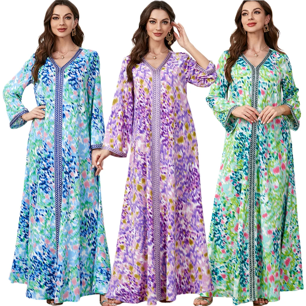 

Ethnic Print Arab Dress for Women Summer 2024 Chic Tape Trim V Neck Long Sleeve Moroccan Dubai Jalabiya Eid al-Adha Kaftan Abaya