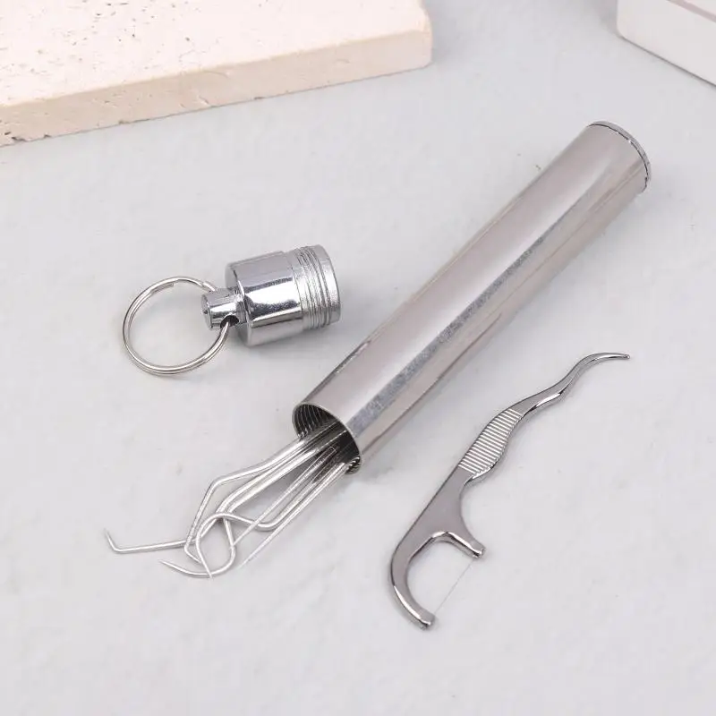 Portable Reusable Stainless Steel Toothpick Set Easy to Clean Metal Toothpicks with Floss for Travel Hiking Camping