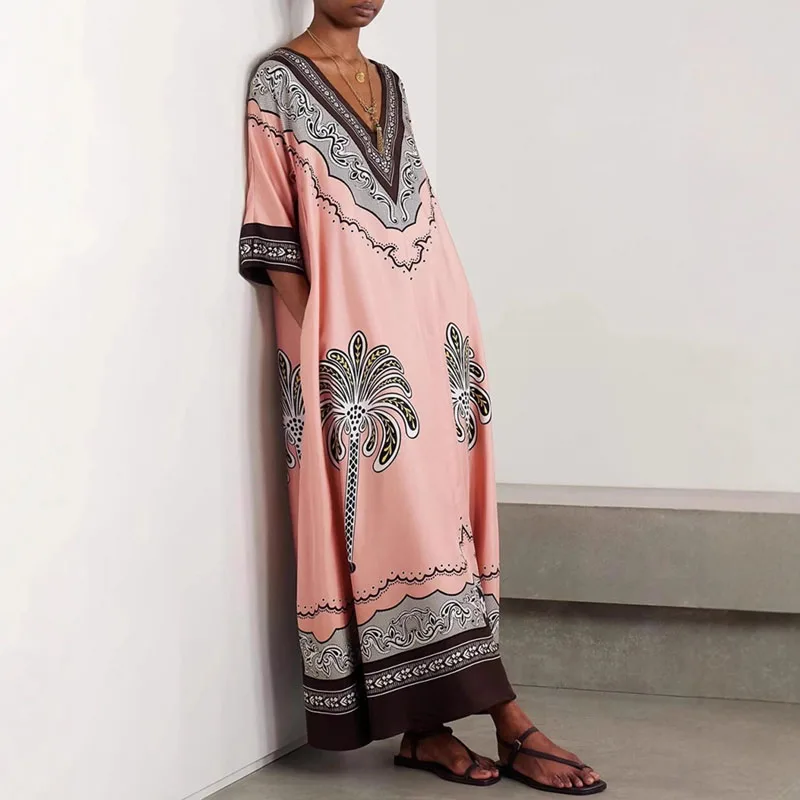 가을 V넥 새틴 휴가 롱 드레스 우아한 루즈 레트로 에스닉 로브 드레스 캐주얼 반팔 보헤미안 비치 드레스