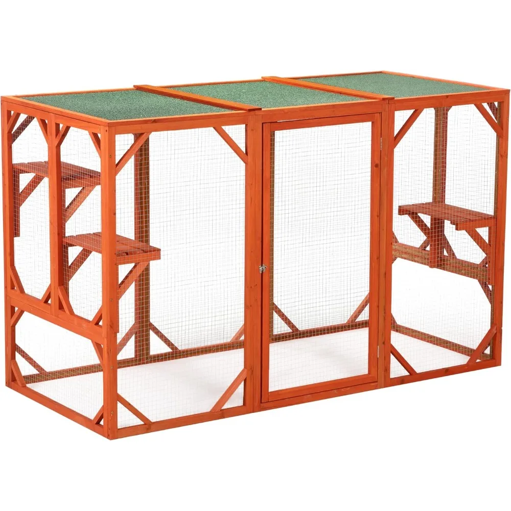

Wooden Cat House, Outdoor Cat Cage with Water Proof Asphalt Planks and Cat Perches, Orange