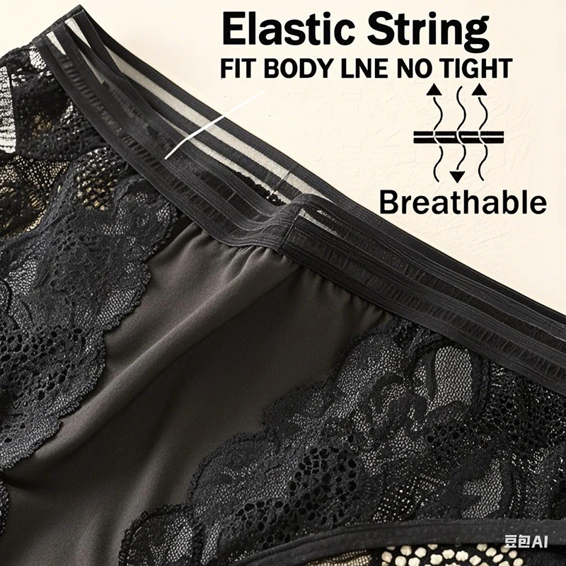 3Pcs Sexy Black Lingerie Womens Panties Elasticity Bikini Womens Underwear Sexy Transparent Lace Mid Waist Briefs for Women