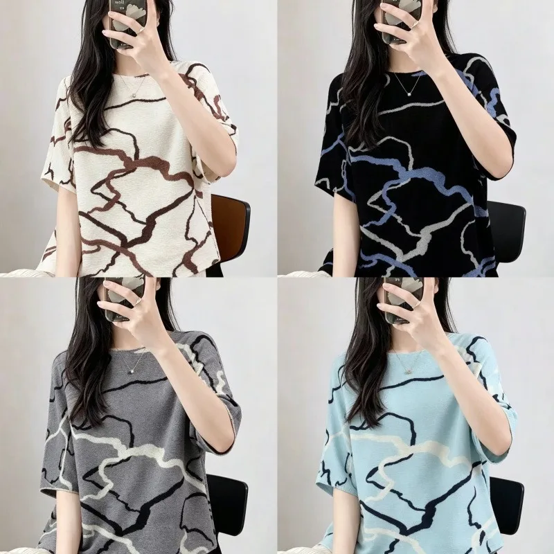 Miyake Pleated 2026 Original Abstract Line Print Pleated T-Shirt for Women Summer Loose Fit Plus Size Versatile and Stylish Top
