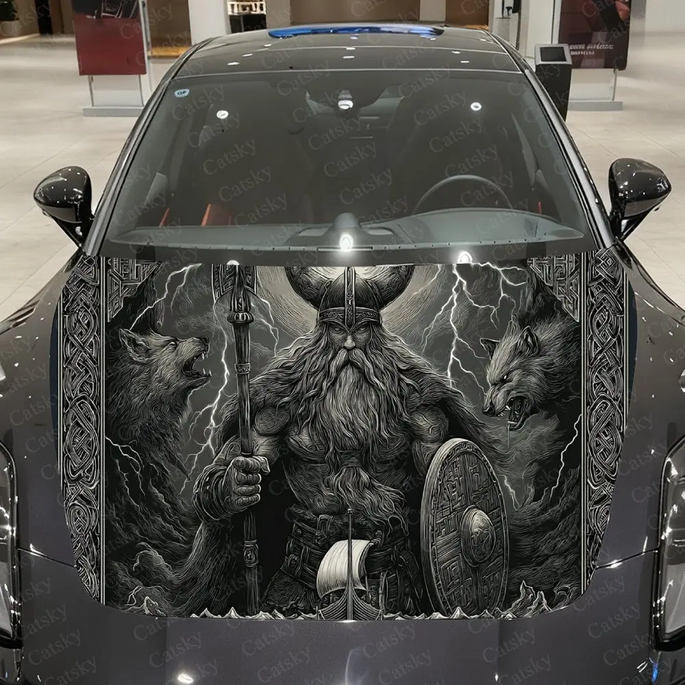 

Two Wolves with Viking Armored Warrior Car Vinyl Wrap, PVC Waterproof Car Hood Sticker, Self-Adhesive Scratch-Resistant Stickers
