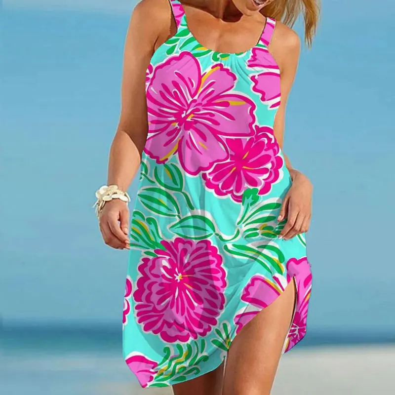 

Summer New 3D Flower Print Bohemian Sexy Strap Sleeveless Loose Beach Dress Women's Short Skirt Tank Top Women's Pajamas Tra