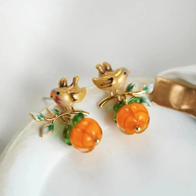 Fashion Forest Style Cute Orange Ruyi Glass Persimmons Retro Exquisite Auspicious Ruyi Earrings Pendant Necklace for Girls Fairy