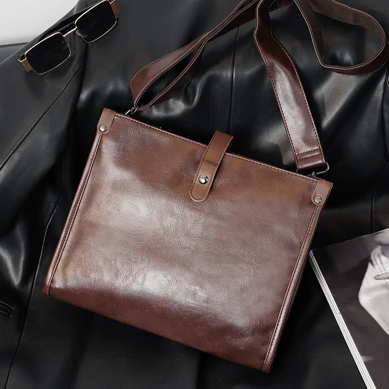 حقيبة كتف مربعة للرجال من جلد البولي يوريثان، متعددة الجيوب، سعة كبيرة لتخزين الكمبيوتر، حقيبة متقاطعة قطرية