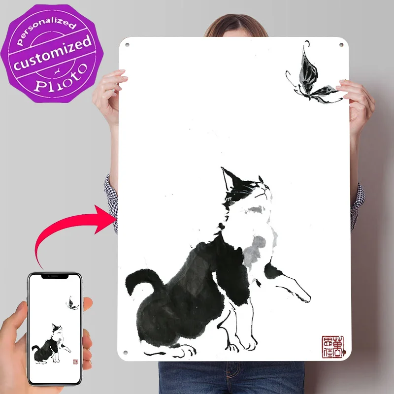 Cat and Butterfly 3D Texture Metal Poster Customized Wall Art Tin Sign Gift for Mancave Article Decoration Gaming Decor Luxury