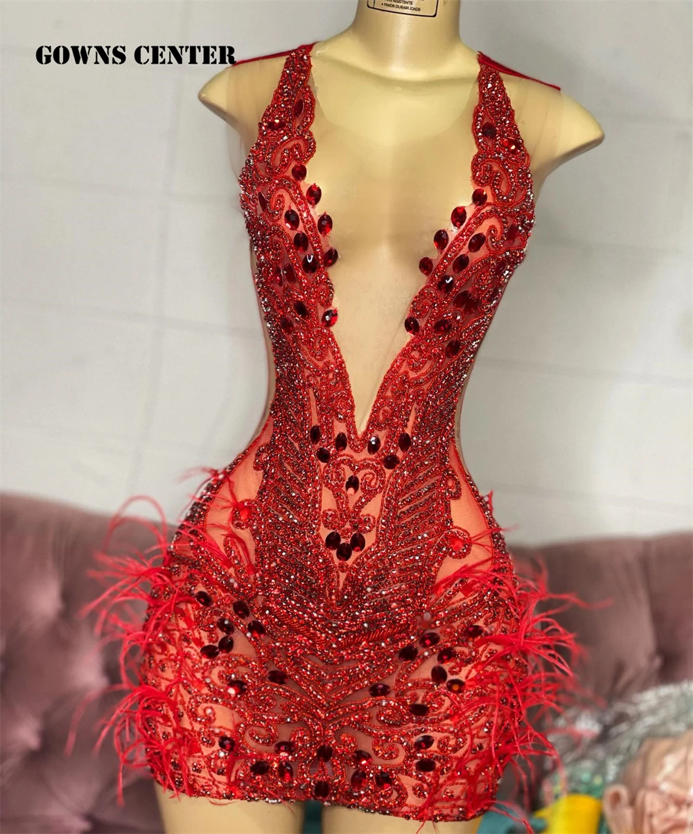 Pretty Luxury Sparkly Red Feathers Prom Dress African Crystal Beading Birthday Party Formal Gowns Black Girls Short Customized