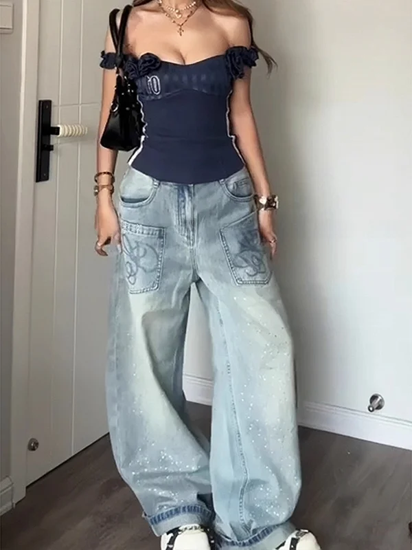 

Свободные джинсы с низкой талией и широкими штанинами, вышитые стразами, женские винтажные джинсы Sle Faion, осеннее новое поступление