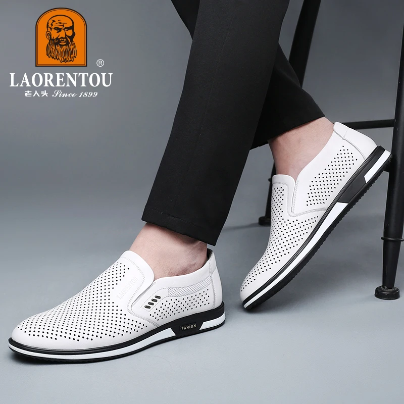 LAORENTOU summer 2024 New White Leather Shoes Hollow Breathable Genuine Leather Casual Men\'s Shoes Small White Shoes 95268