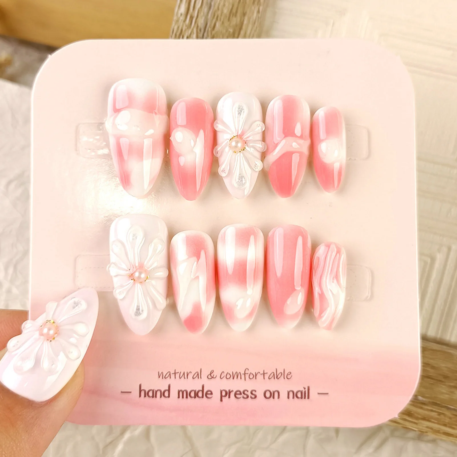 Handmade Almond False Nails Pink Smudge 3D Flower Pearl Decor Press On Nails Romantic Europe Wearable Fake Nail Tips 10pcs