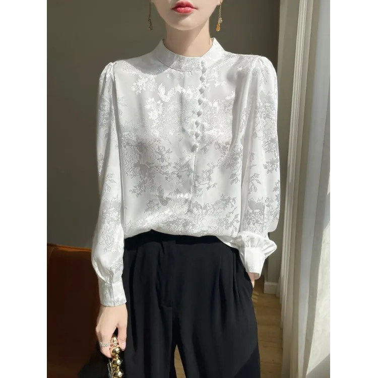 

White Silk Satin irt Women's Office Wear Long Sve Stand Collar Chinese Print Commute Top Spring Autumn Seasonal Faion