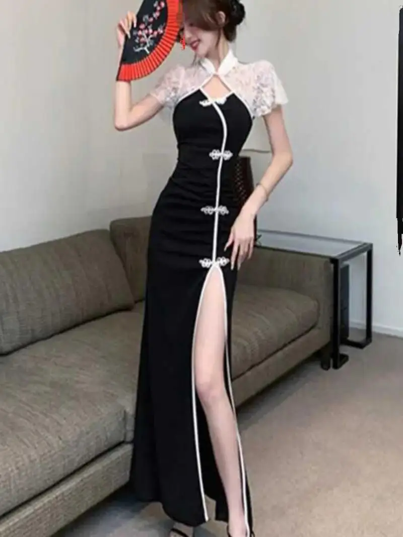 فستان تشيباو الصيني الجديد مقاس كبير، فستان شيونغسام أنيق، تنورة طويلة بفتحة متعرجة للنساء على الطراز الوطني فستان تشيباو حديث #4