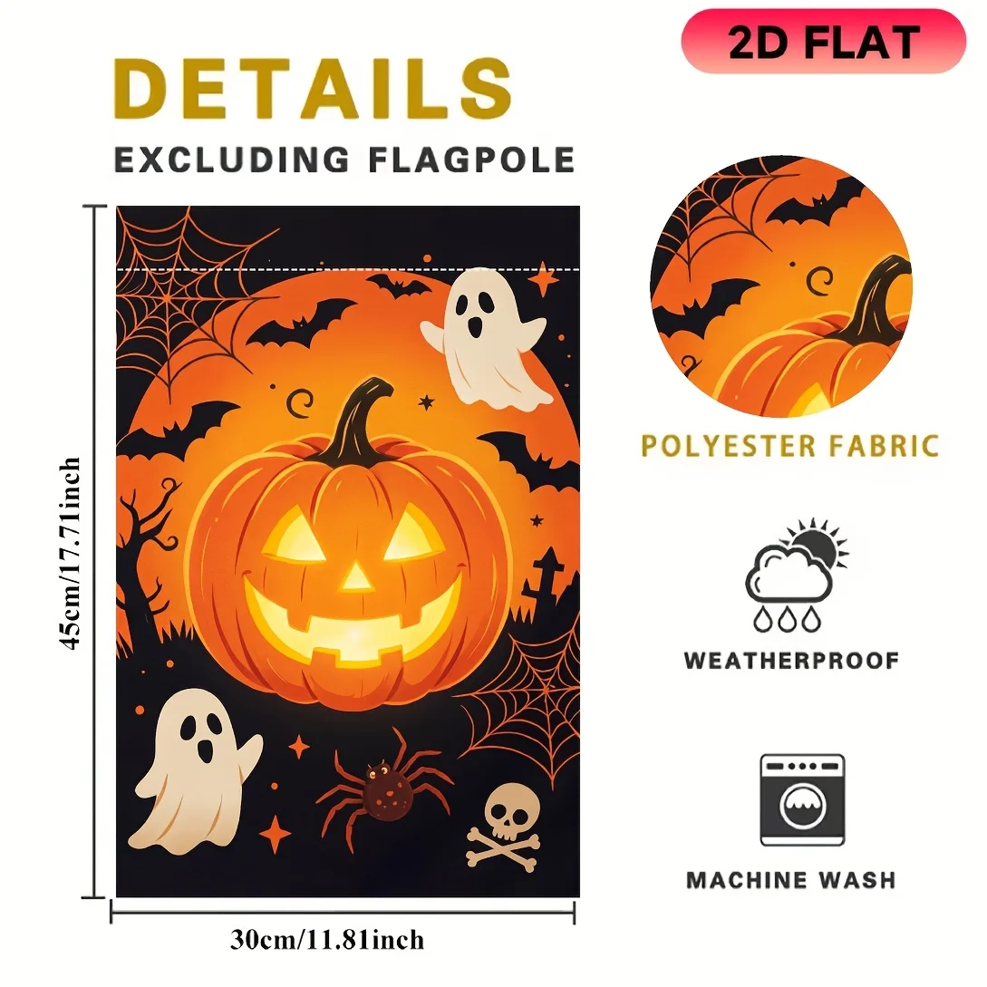 2D Flat Garden Flag 1 Piece, Big Pumpkin Ghost Halloween Garden Flag, Halloween Celebration Flag, Durable Polyester Material, Very Suitable for Gardens, Lawns, Gardens, Homes
