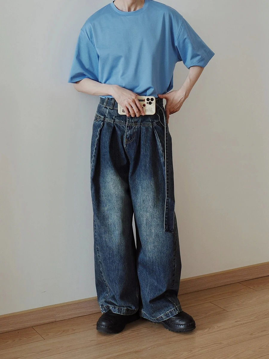 REDDACHIC Buckle Belt Skater Men's Baggy Jeans Retro Blue Pleated Wide Leg Oversized Pants Casual Y2k Trousers Korean Streetwear