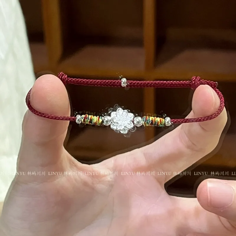 Ultra Fine Lotus Flower Red Cord Handmade Chinese Style Bracelet Elegant High Appearance Best Gift for Women Birthday Daily Wear