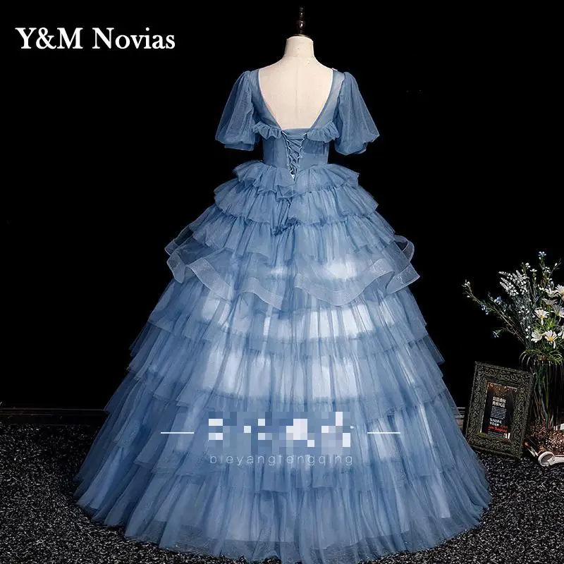 Vestido De quinceañera azul con mangas abullonadas, apliques De cuello redondo, lentejuelas, flores, Princesa, para fiesta, 15 años, 2022