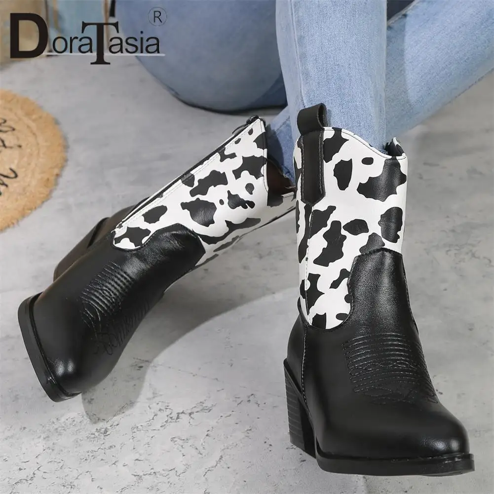 Brand New Ladies Pointed Toe Cowboy Boots Fashion Mixed Colors Chunky Heels women's Cowgirl Ankle Boots Casual Party Shoes Woman