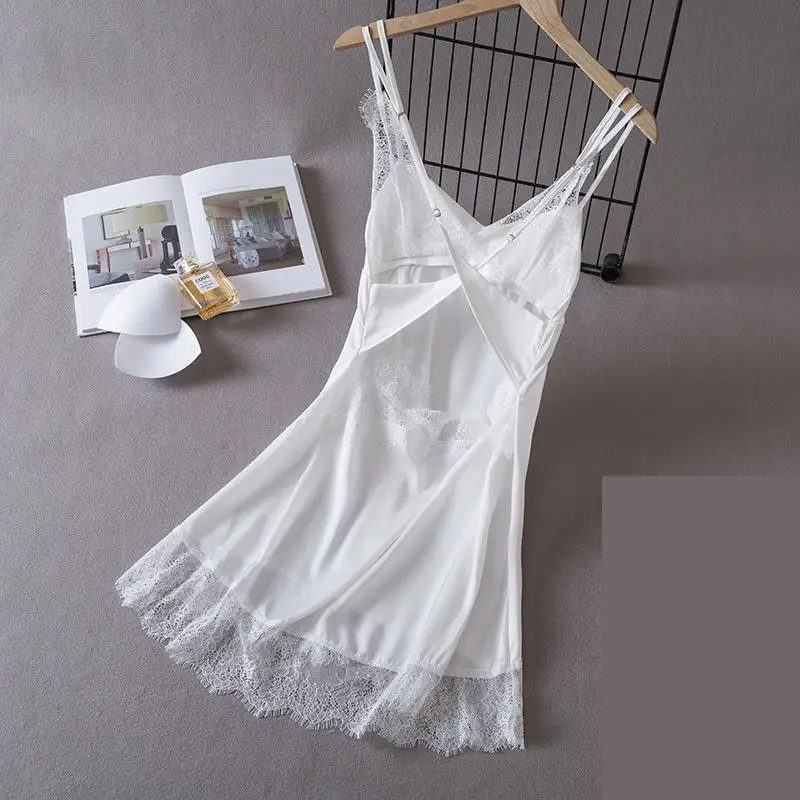 White Sleepwear Dressing Gown Sexy Backless Lace Nightgown Women Rayon Nightdress Lingerie Summer Nightwear Night Dress