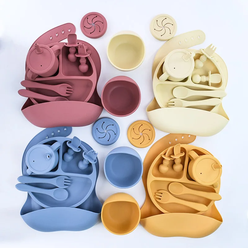 BPA FREI Silikon Baby Fütterung Set Sauger Schüssel Teller Stroh Tasse Löffel Gabeln für Kinder Baby Geschirr Kinder Gerichte – Detail 4