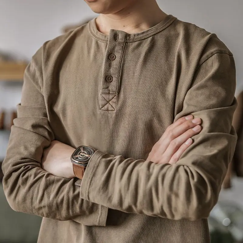 

Man Base Layer 2025 Autumn New Retro Henley Shirt Men's Plus Size Loose Fit Collared Long Sleeve Base Layer