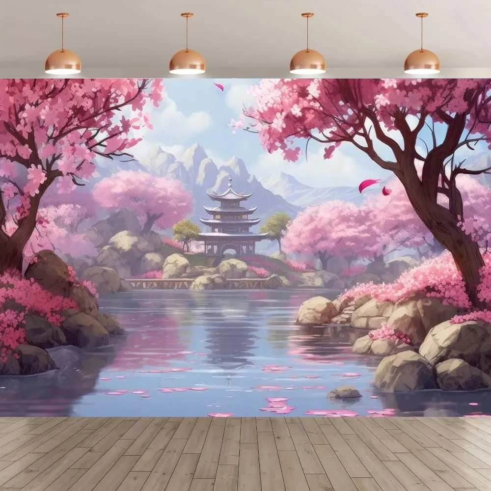 

Japanese style pink cherry blossom tree themed photography background, cherry blossom Mount Fuji decorative photography backdrop