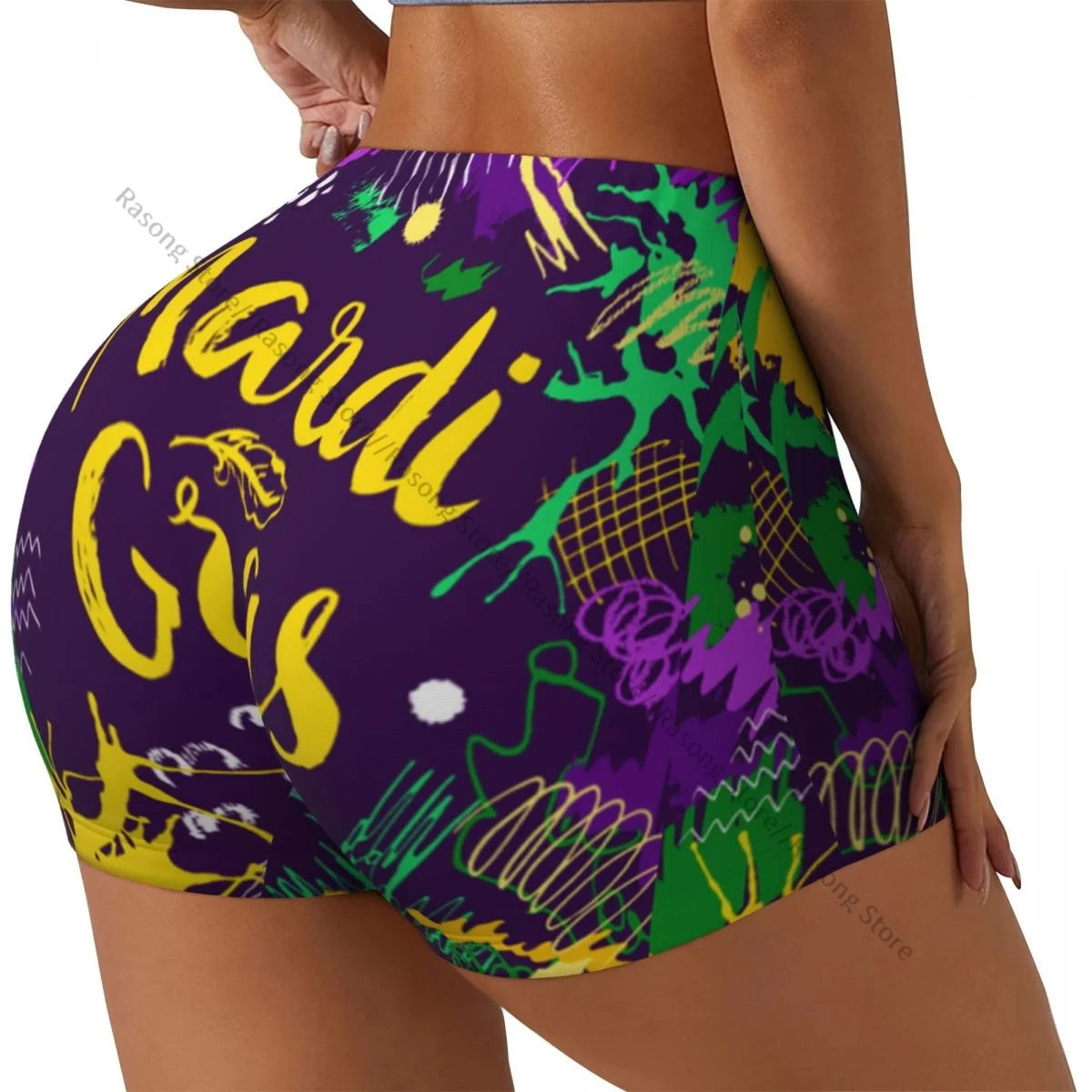 Spandex Yoga Shorts for Women Mardi Gras Colorful Background Workout Booty Shorts