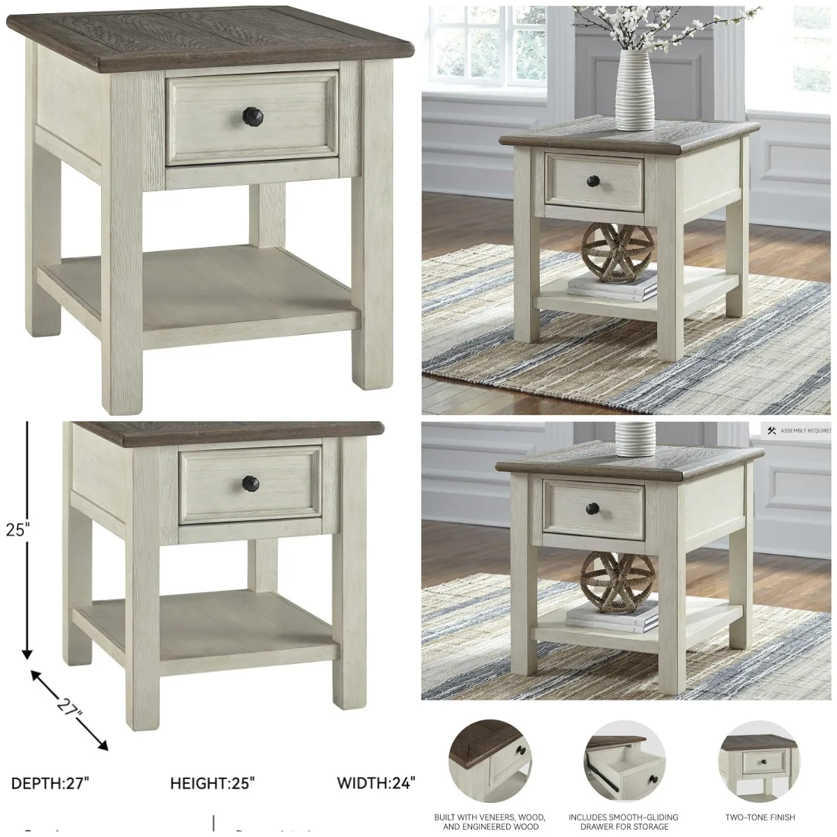 

Торцевой столик для фермерского дома Bolanburg, столешница, ящик, 2-цветный антикварный кремовый, 24 фута Ш x 27 дюймов Д x 25 футов В