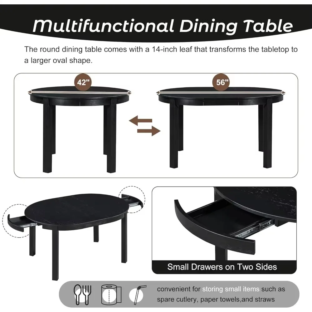 Conjunto de mesa de jantar redonda para 4 pessoas, mesa de cozinha extensível de 5 peças e conjunto de 4 com 4 cadeiras estofadas e 2 gavetas