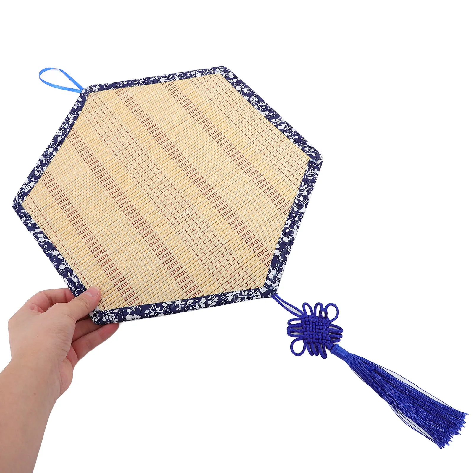 حصيرة سداسية منسوجة يدويًا من الخيزران مع حواف زهرية زرقاء عتيقة على الطراز الصيني جدار الفن لغرفة النوم وغرفة المعيشة المنسوجة