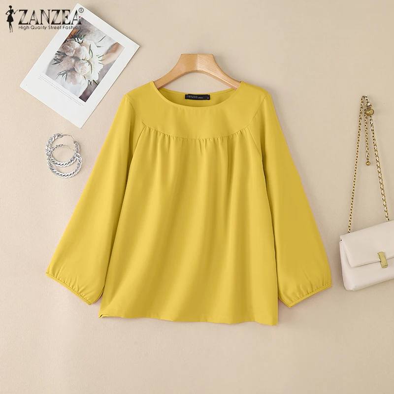 بلوزات نسائية مجمعة من ZANZEA بلوزات غير رسمية برقبة دائرية وأكمام واسعة وبلوزات يومية للخريف بلوزات فضفاضة متينة كبيرة الحجم #1