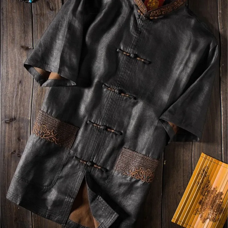 معطف حريري Yunsha قميص كاجوال على الطراز الصيني ملابس خارجية بأكمام قصيرة للرجال