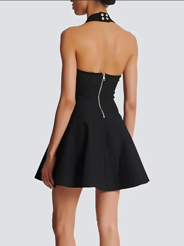 Nueva moda adelgazante elegante empalmado diamantes sólido Mini vestidos para mujeres cuello cuadrado sin mangas vestido Sexy de cintura alta