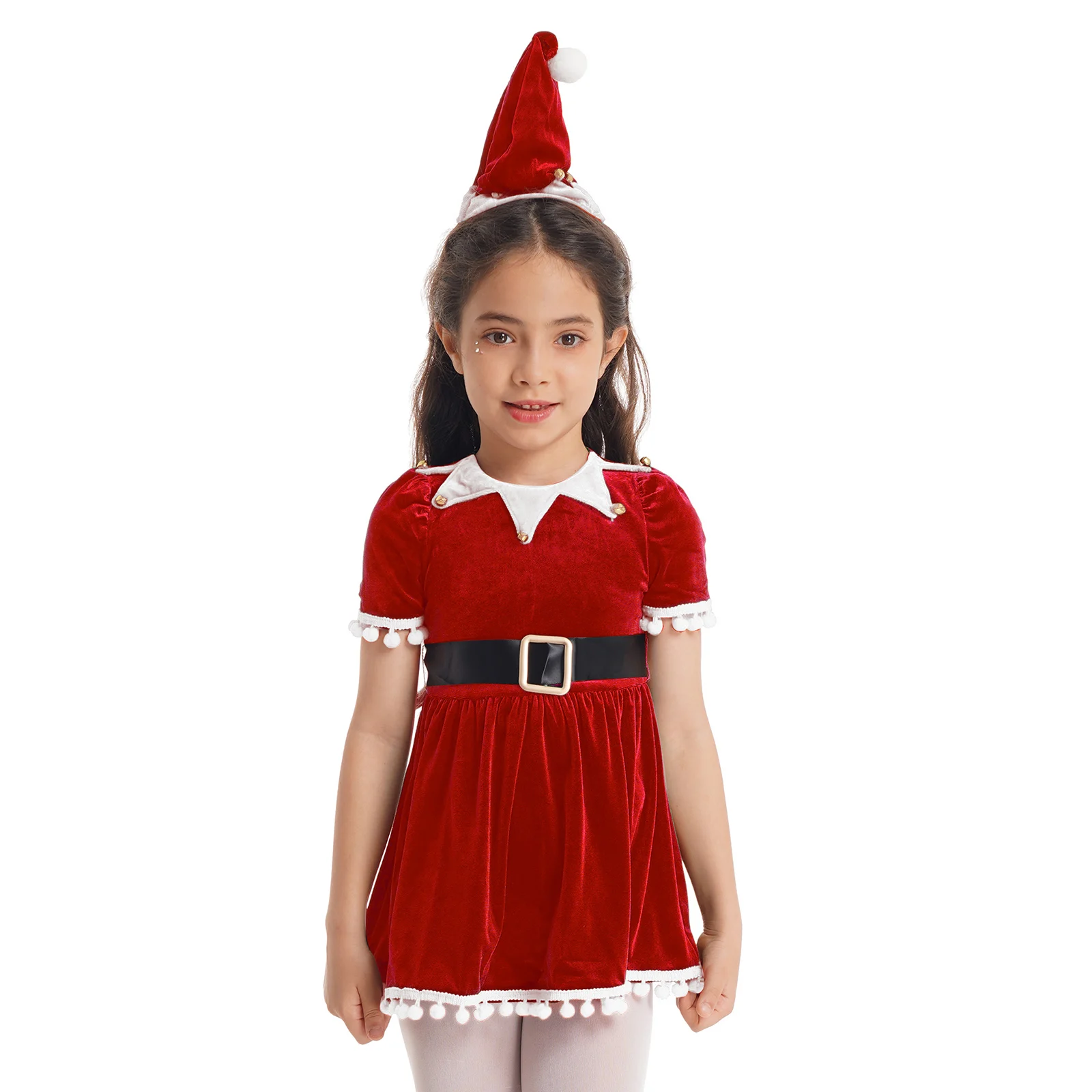 Girls Christmas Costume for Santa Claus Elf Cosplay Velvet Ruffled Sleeves Tassel Tutu Dress with Hat Belt Outfit Party Dresses