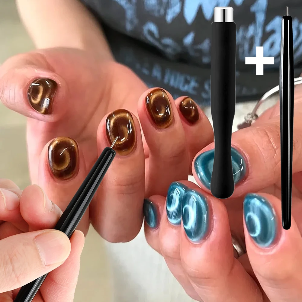 2 pezzi Swirl Cat Eye Nail Art Set di penne magnetiche Cilindrico Cat's Eye Magnet Rod Aspirazione per unghie Sfera in acciaio Penna magnetica Strumento per manicure