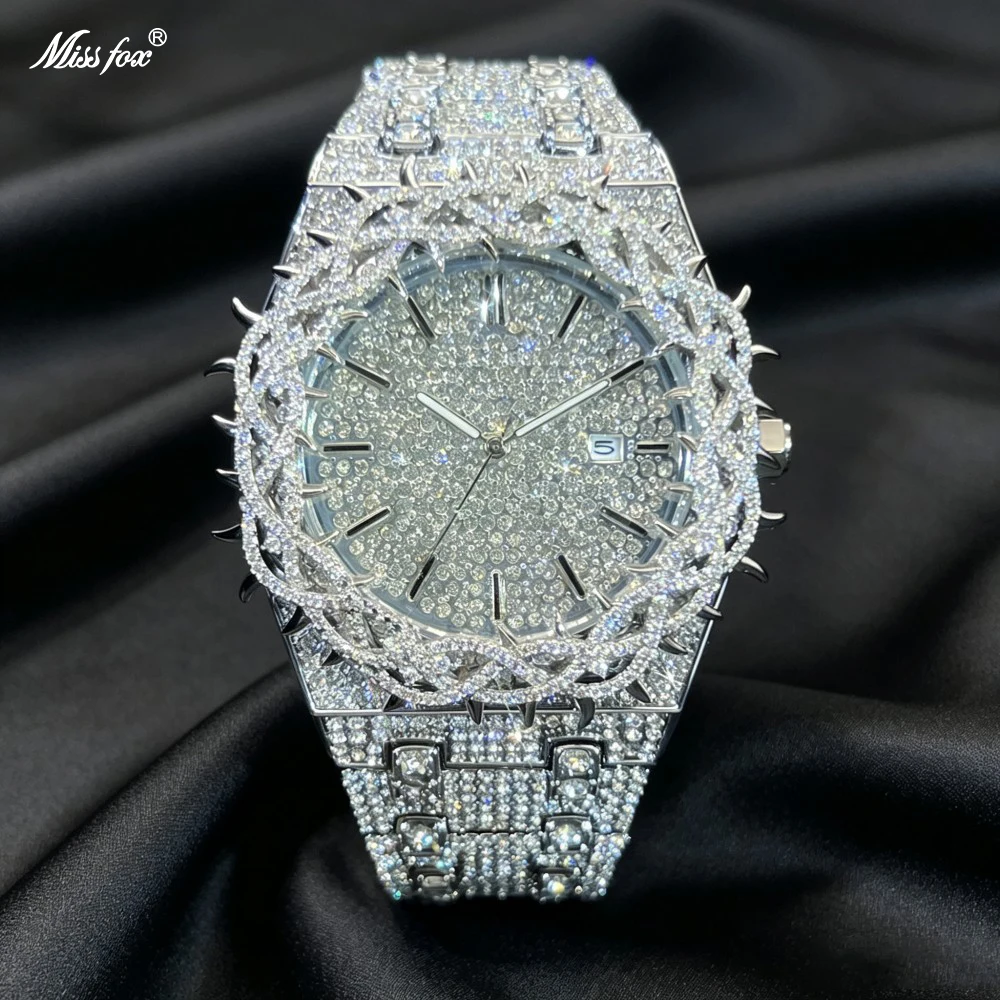 Missfox Watch For Men Full Diamond Hip Hop Lced Out Men's Watches Blue Number Calendar Waterproof Octagonal Luxury Wristwatch