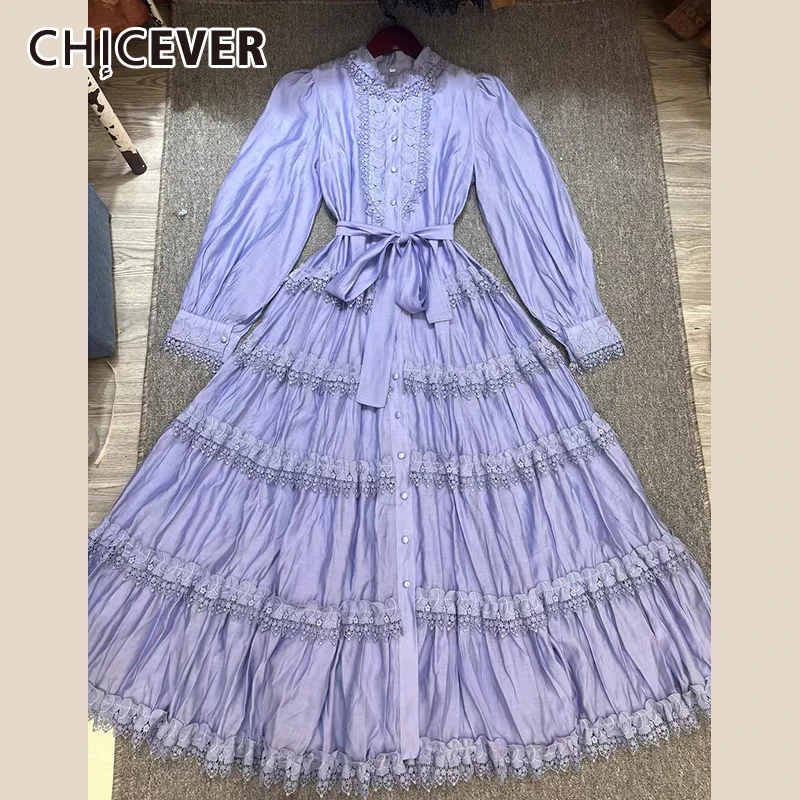 

CHICEVER Bohemian Spliced Lace Up Pleated Maxi Dress For Women O Neck Long Sleeve High Waist Elegant Chic Solid Dresses Female