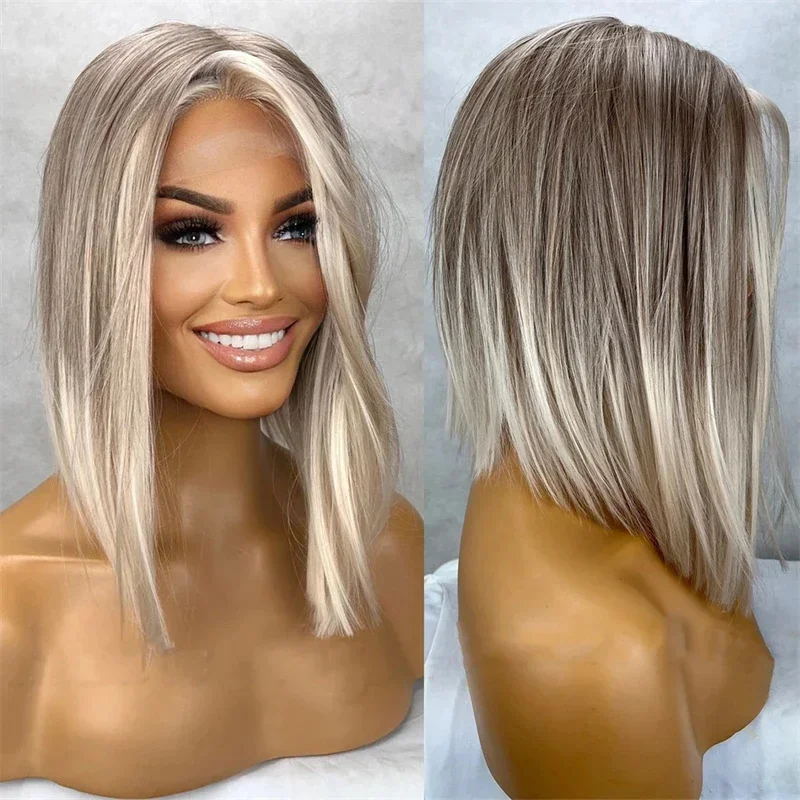 Perruque synthétique Ombre Icy Platinum Blonde, longueur moyenne, avec racines foncées, cheveux blonds raides, perruque quotidienne pour femmes