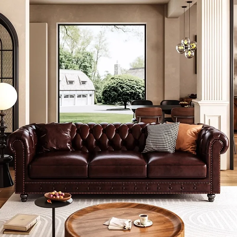 

button oil wax leath er art sofa European large and small four-person combinatio n corner leather so fa