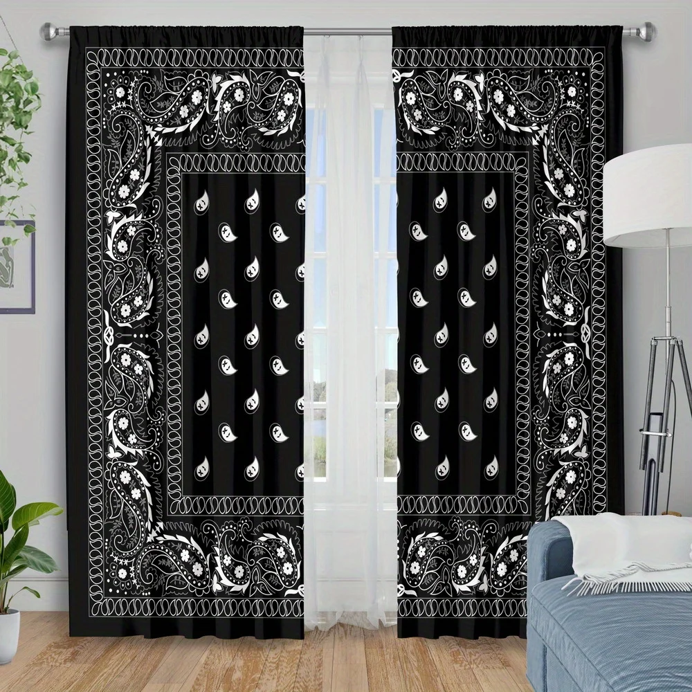 Black Bandana Curtain, Hip Hop Paisley Print Drape, Retro Street Style Window Treatment for Living Room Bedroom Dorm Home