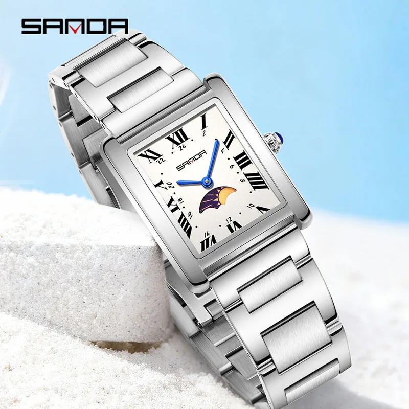 SANDA 9122 Fashion Women's Quartz Watch Moon Phase Square Dial Waterproof Stainless Steel Strap Retro Business Ladies Watches