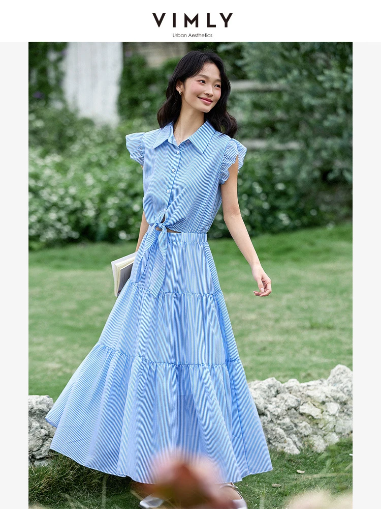 

VIMLYVIMLY Blue Striped Chiffon Shirt Dress Women's Summer 2025 New Fungus Edge Flying Sleeve Long Dress A1230
