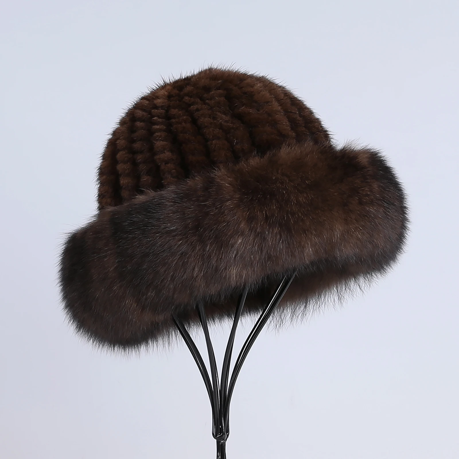 Frauen Winter warm echte Premuim Nerz Fell gestrickt Eimer Hut pelzigen Echtpelz Kappen Big Fox Pelz besatz Krempe verstellbar – Detail 20