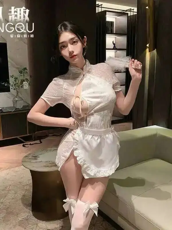 Nieuwe Sexy Cheongsam Uniform Verleiding Kant Spleet Jurk Elegante Boog Zoete Mini Jurk Mesh Kant Sheer Hot Sexy Vrouwen Tops 677N