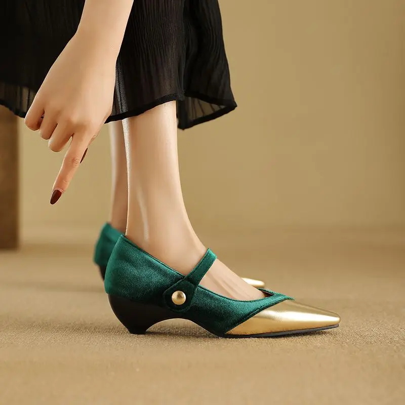 Girseaby 2025 novo design feminino bombas dedo do pé quadrado cunhas 5cm fivela cinta rebanho camurça cor misturada 32 33 46 47 48 sapatos de moda