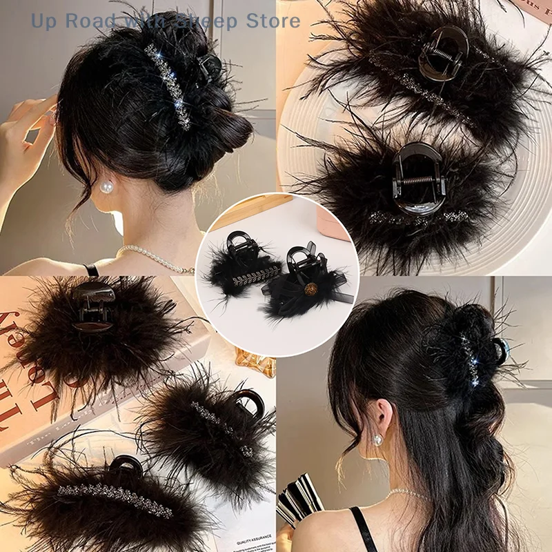 Ali/pinça de garra de cabelo de penas, rabo de cavalo de pelúcia, presilha de caranguejo para mulheres e meninas, acessórios de cabelo de luxo