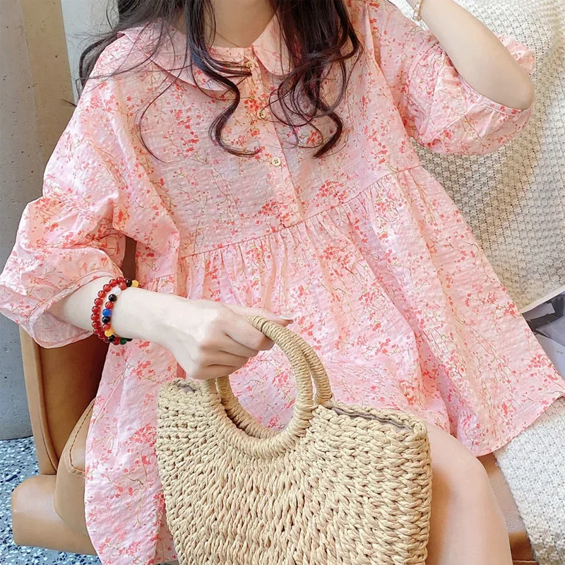 New Summer and Korean Edition Loose Sweetheart Doll Collar Spliced Button Broken Flower Lantern Sleeves Stuffed Doll Shirt Z647