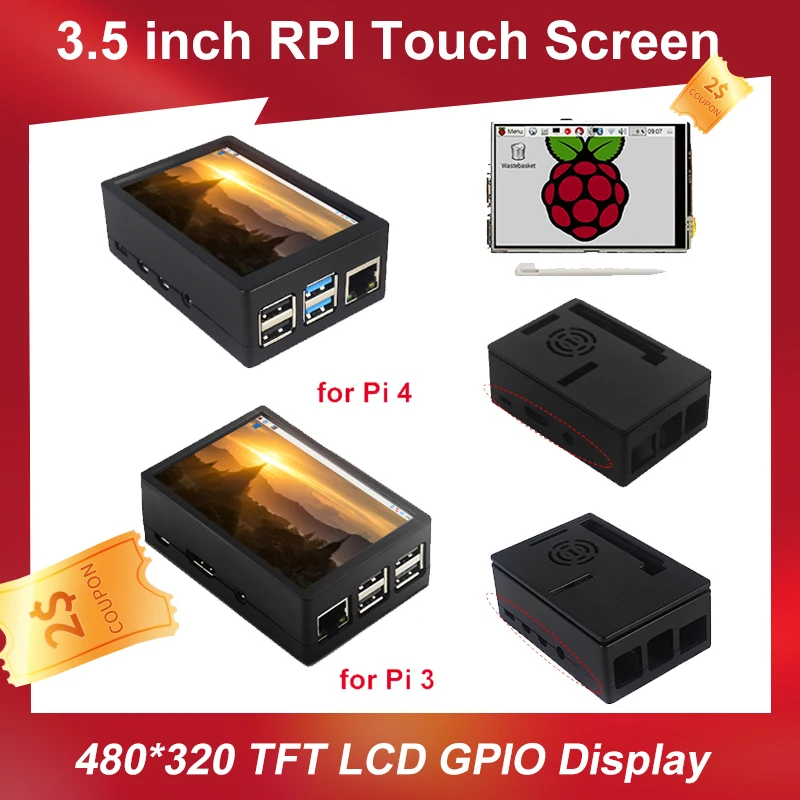 شاشة 3.5 بوصة Raspberry Pi 3 تعمل باللمس TFT LCD 480*320 GPIO شاشة عرض ABS مروحة تبريد لـ Raspberry Pi 4 Model B 3B+ 3B